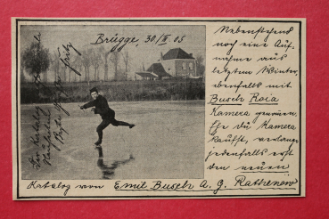 Blatt Historische Werbung Schlittschuh Laufen Emil Busel Rathenow 1905 Brügge
